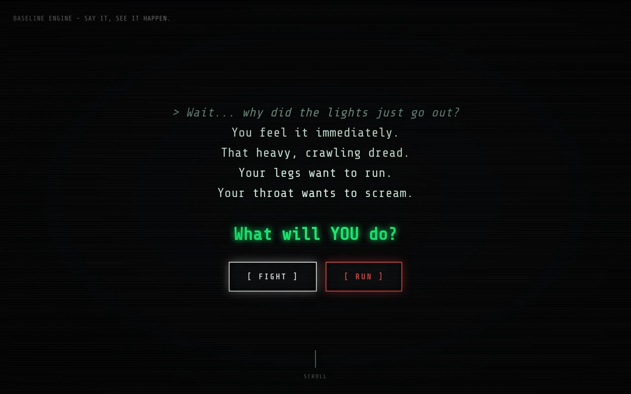 Screenshot of the baseline-engine text adventure interface